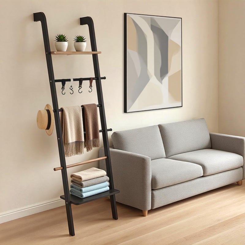 Fuairmee Wooden Ladder with Shelf for Decor, 6-Tier Decor Ladder with Non-Slip Mat & Hooks, Farmhouse Style Leaning Wall Display Holder, Black - Image 1